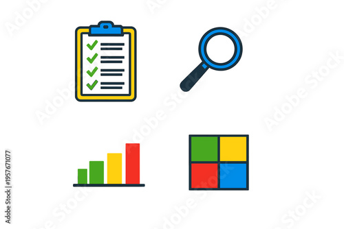 A collection of four colorful business icons featuring a checklist on