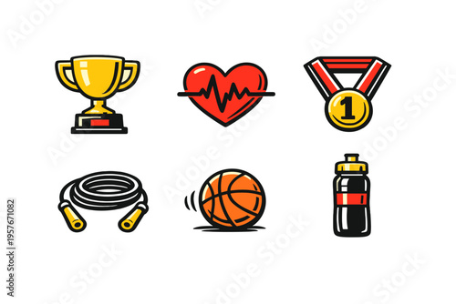 A set of six fitness and sports icons including a gold trophy, a
