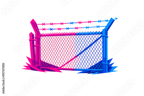 A stylized vector illustration of a chain-link fence topped with
