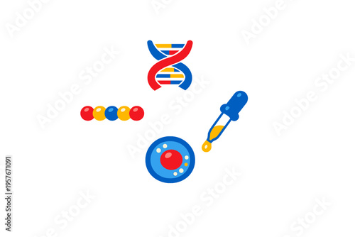 A collection of biology and chemistry icons featuring a colorful DNA