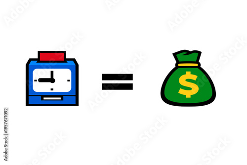 A blue time clock with a red punch card sits next to an equals sign
