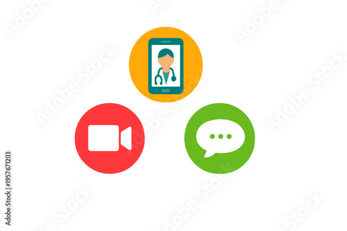 This illustration shows three circular icons for telehealth services
