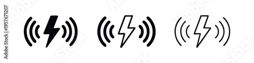 Wireless Charging and Inductive Power Icons - Lightning Bolt with Radio Wave Symbols for Cordless Energy
