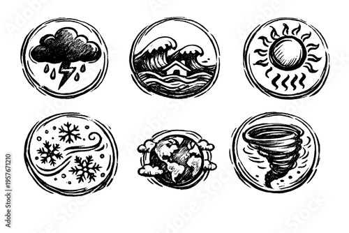 A set of six hand-drawn circular icons depicting natural disasters