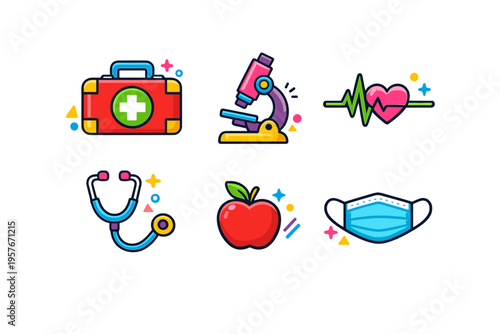 A set of six colorful medical icons featuring a first aid kit