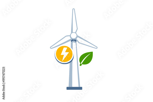This flat vector illustration features a wind turbine with a yellow