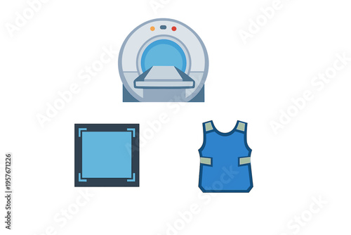 A set of medical imaging icons featuring a CT or MRI scanner, a