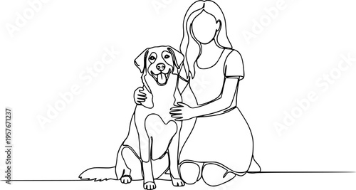 Girl with a dog in continuous line art drawing style. Pet lover black linear sketch isolated on white background. Vector illustration
