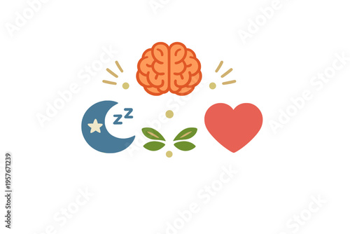 A flat illustration featuring icons for a brain, a heart, a crescent