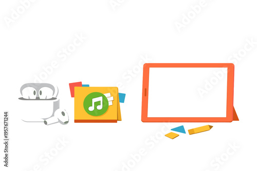 A flat vector illustration featuring wireless earbuds, a music folder