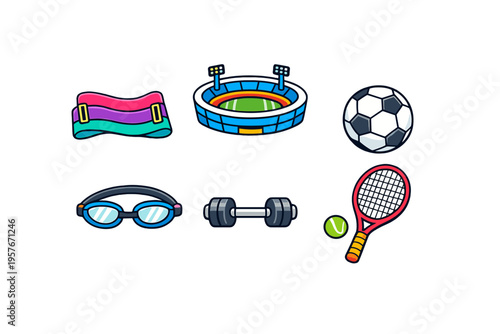 A collection of sports and fitness icons including a soccer ball