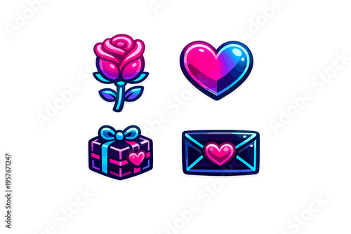 Set of four romantic icons featuring a rose, a heart, a gift box, and