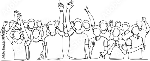 Group of people continuous one line vector drawing. Crowd standing at concert, meeting.
