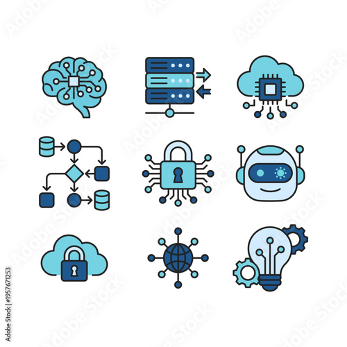 A collection of modern outline vector icons related to artificial intelligence, cloud computing, machine learning, and cybersecurity. vector illustration