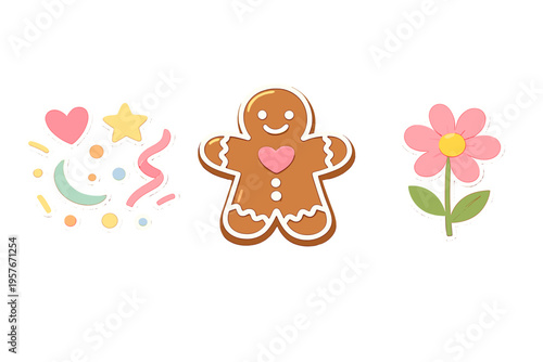 Three cute illustration stickers featuring a gingerbread man cookie