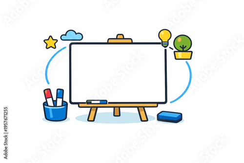 A cartoon illustration of a blank whiteboard on a wooden easel