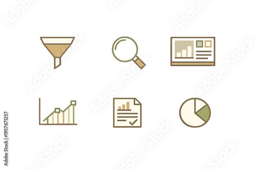 A set of six business and data analysis icons featuring a funnel