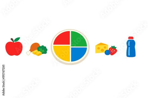 A flat illustration of a divided plate representing a balanced diet