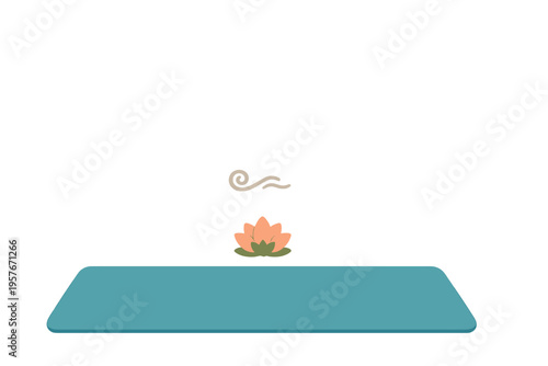 A minimalist illustration featuring a teal yoga mat, a peach-colored