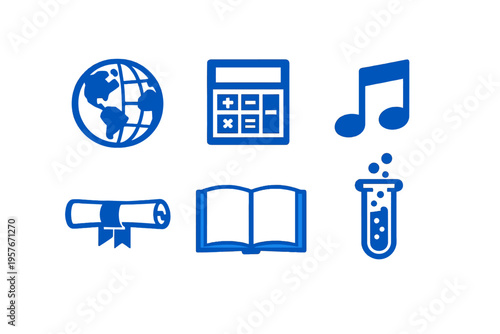 A collection of six blue education and school icons including a