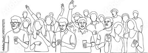 Group of people continuous one line vector drawing. Crowd standing at concert, meeting.
