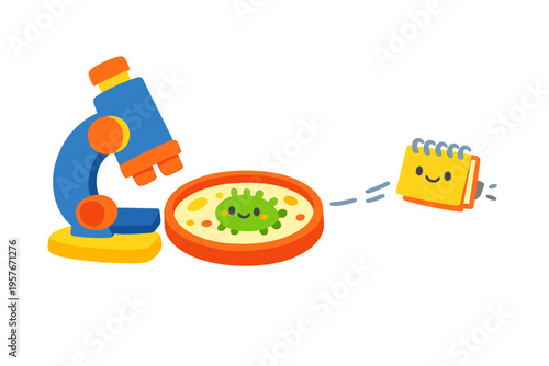 A cute cartoon illustration featuring a blue microscope, a petri dish