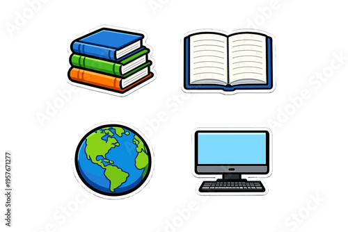 A set of four educational icons in a sticker style including a stack