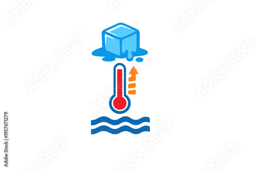 An illustration of a melting ice cube placed above a thermometer with