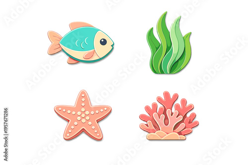 A collection of four marine-themed icons featuring a fish, seaweed
