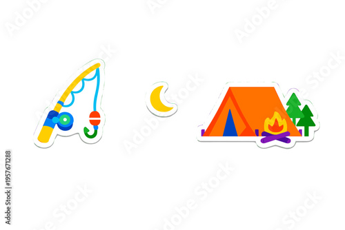 Colorful vector stickers featuring outdoor activities like fishing