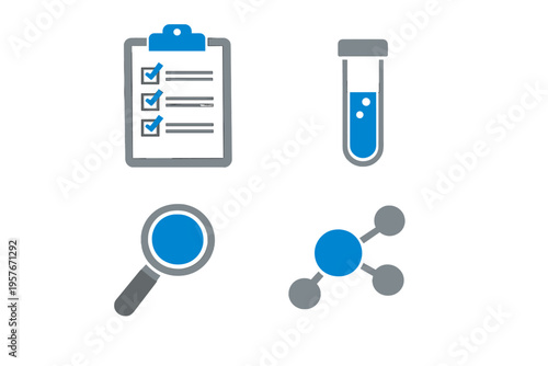 A set of four scientific research icons featuring a clipboard with a