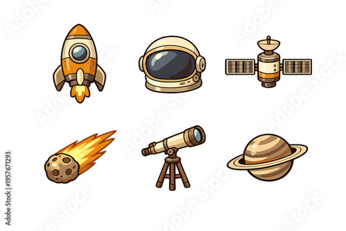 A collection of six space-themed icons including a rocket ship