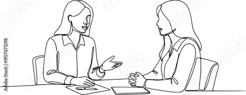 Job interview - vector modern simple one line design composition with recruiter and candidate. Continuous Line Drawing of Two women are talking at the table