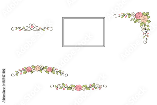 Collection of hand-drawn floral design elements including pink roses