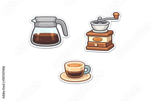 A set of three coffee-themed stickers featuring a glass carafe filled