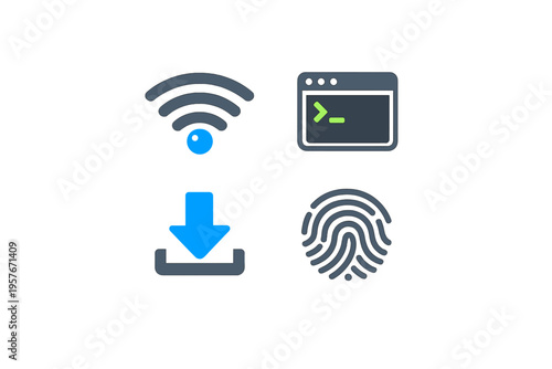 A set of four minimalist vector icons featuring a Wi-Fi signal, a