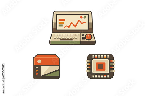 A collection of retro-style technology icons featuring a vintage