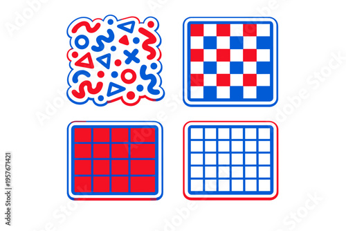 A set of four minimalist vector illustrations featuring geometric