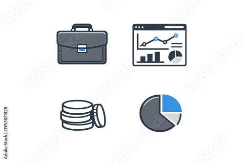 This set of four business icons includes a briefcase, a digital