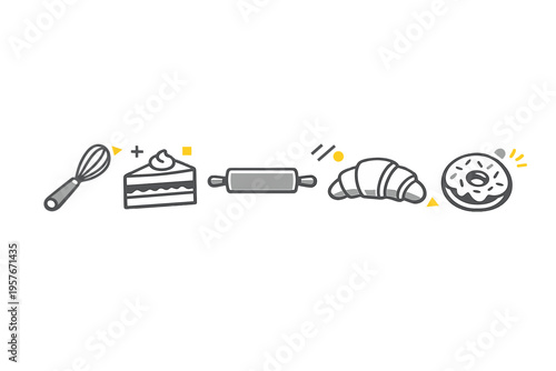 Minimalist vector illustration of bakery and pastry items including a