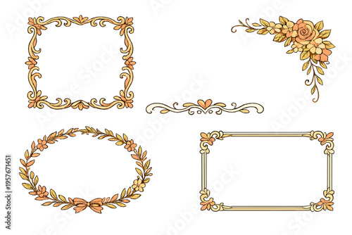 A set of vintage decorative frames and floral design elements in warm