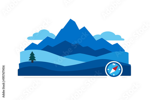 A stylized vector illustration of a blue mountain range with layered