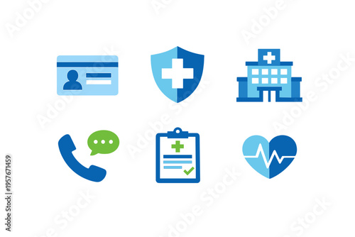 A collection of six blue and green medical icons including an ID