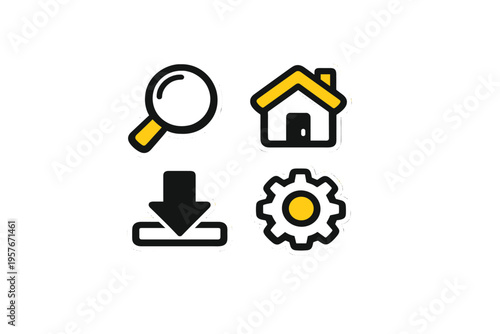 A set of four flat vector icons in a sticker style featuring a
