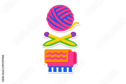 A vibrant sticker-style illustration featuring a pink and blue ball