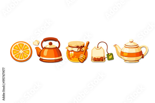 A row of five cartoon icons for tea time featuring a sliced orange