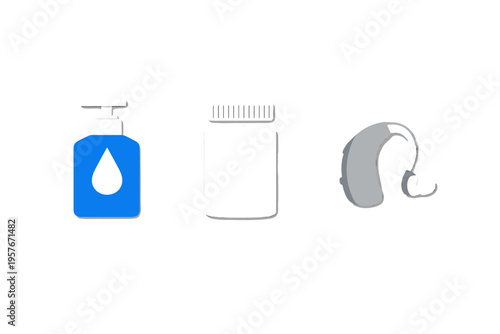 A blue hand sanitizer pump bottle, a white medicine container, and a