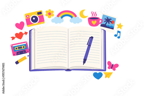 A colorful vector illustration of an open notebook with a pen