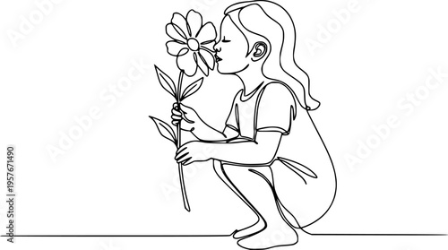 Child smelling flower in continuous line art drawing style. Small girl squatted down to sniff the fragrant flower. Black linear sketch isolated on white background. Vector illustration