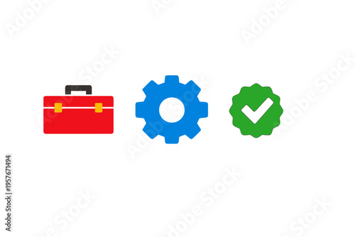 A set of three colorful flat icons featuring a red toolbox, a blue
